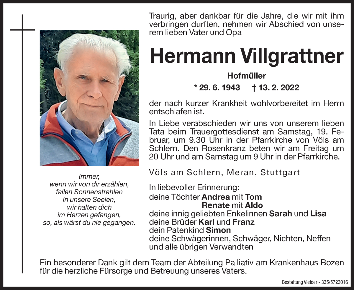  Traueranzeige für Hermann Villgrattner vom 18.02.2022 aus Dolomiten