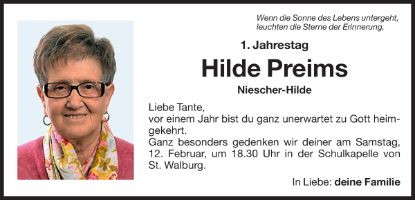Traueranzeige von Hilde Preims von Dolomiten