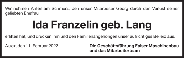 Traueranzeige von Ida Franzelin von Dolomiten