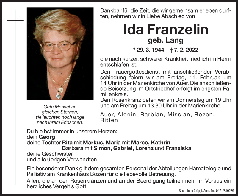  Traueranzeige für Ida Franzelin vom 09.02.2022 aus Dolomiten