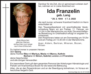 Traueranzeige von Ida Franzelin von Dolomiten