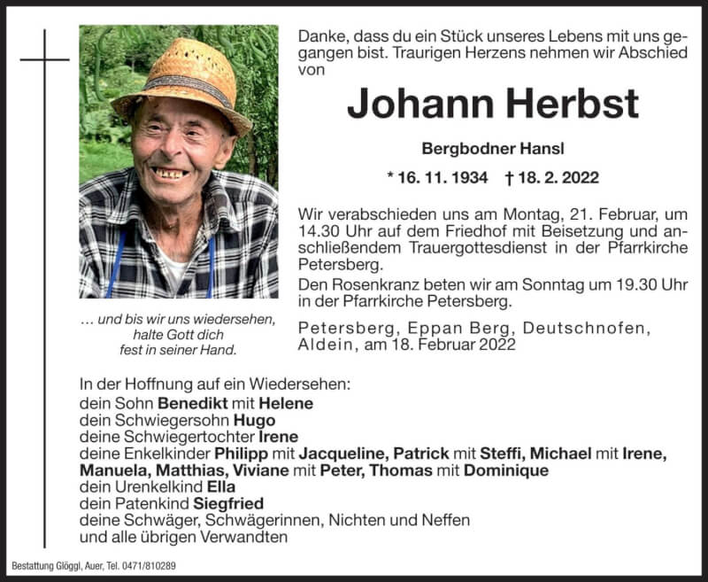  Traueranzeige für Johann Herbst vom 19.02.2022 aus Dolomiten