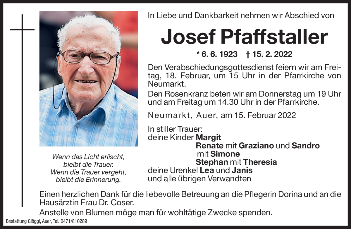  Traueranzeige für Josef Pfaffstaller vom 17.02.2022 aus Dolomiten