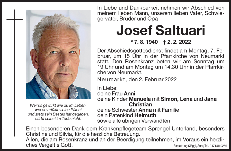  Traueranzeige für Josef Saltuari vom 05.02.2022 aus Dolomiten