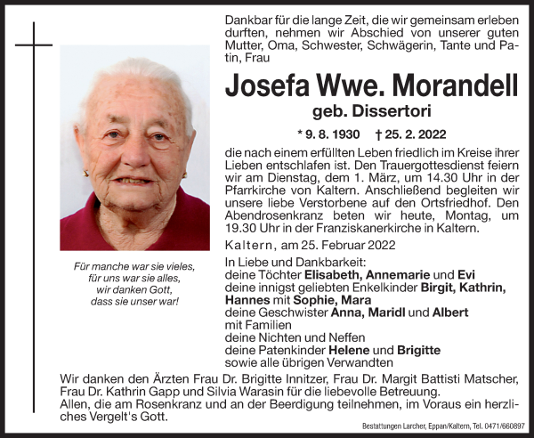 Traueranzeige von Josefa Morandell von Dolomiten