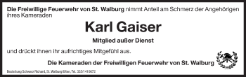 Traueranzeige von Karl Gaiser von Dolomiten