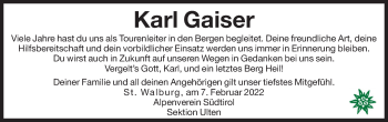 Traueranzeige von Karl Gaiser von Dolomiten