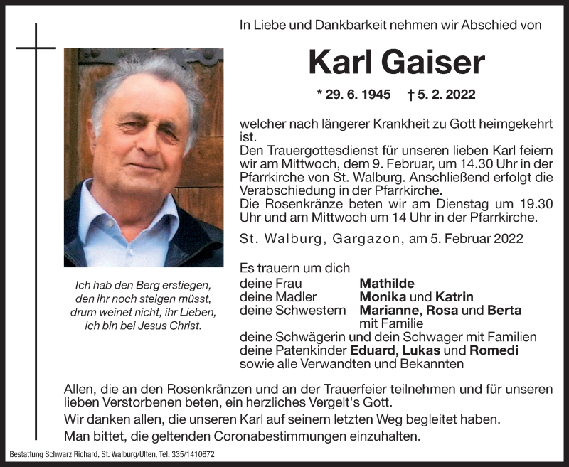  Traueranzeige für Karl Gaiser vom 07.02.2022 aus Dolomiten