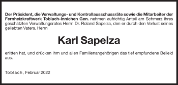 Traueranzeige von Karl Sapelza von Dolomiten