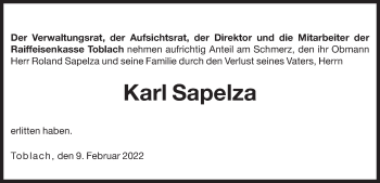 Traueranzeige von Karl Sapelza von Dolomiten
