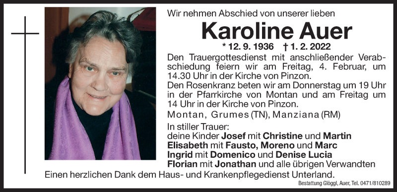  Traueranzeige für Karoline Auer vom 03.02.2022 aus Dolomiten