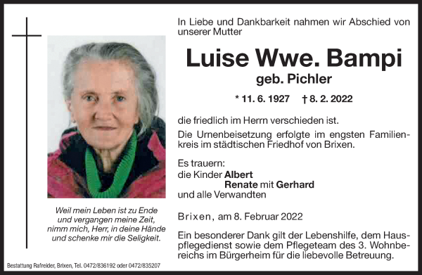 Traueranzeige von Luise Bampi von Dolomiten