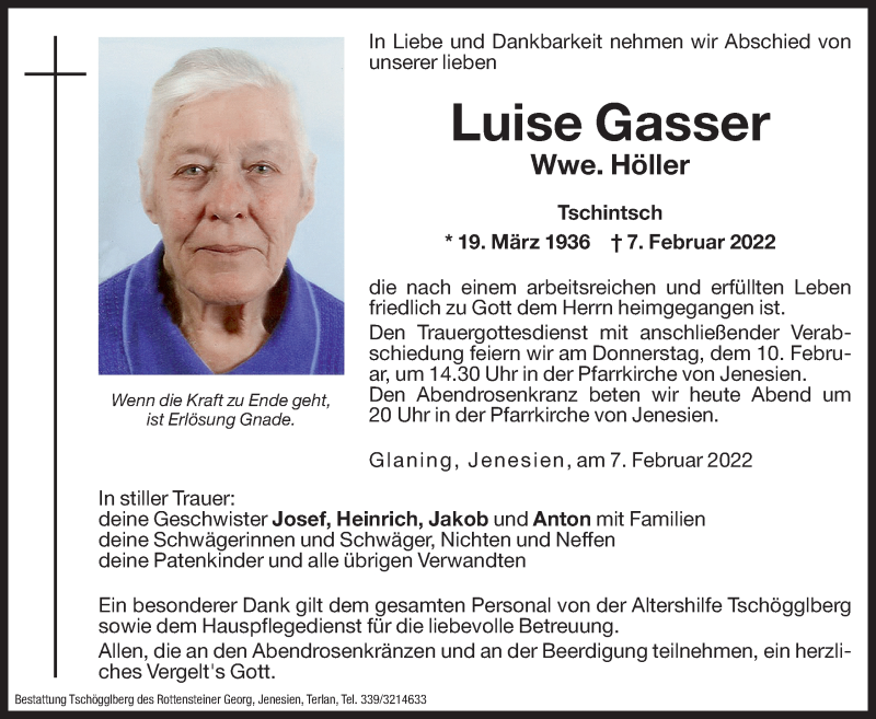  Traueranzeige für Luise Höller vom 09.02.2022 aus Dolomiten