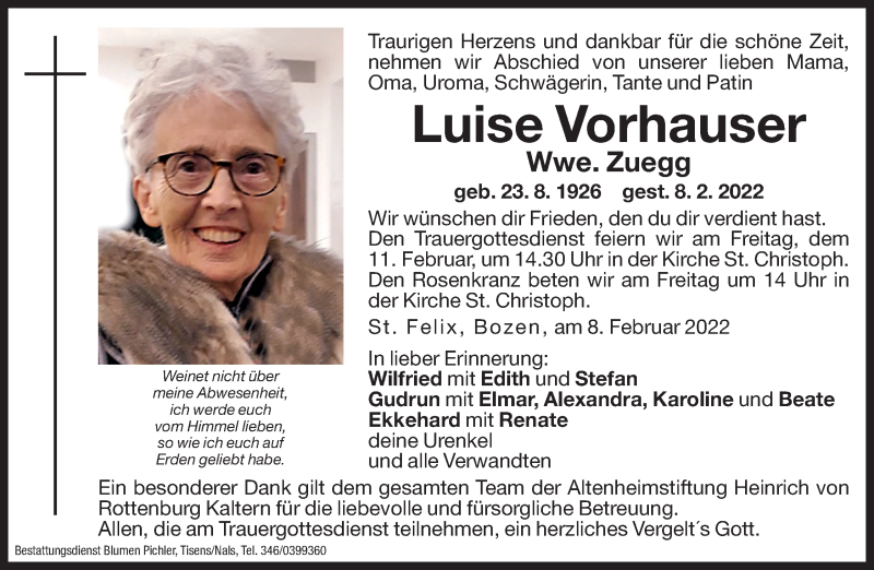  Traueranzeige für Luise Zuegg vom 10.02.2022 aus Dolomiten