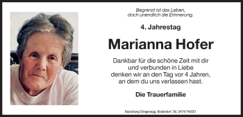 Traueranzeige von Marianna Hofer von Dolomiten