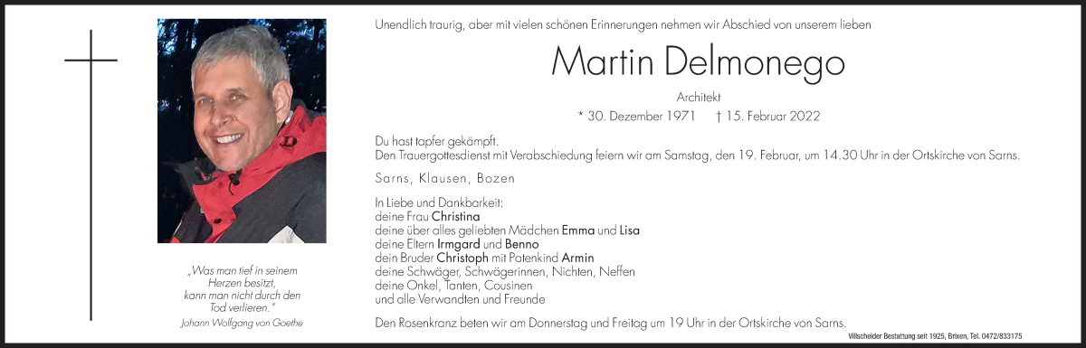  Traueranzeige für Martin Delmonego vom 17.02.2022 aus Dolomiten