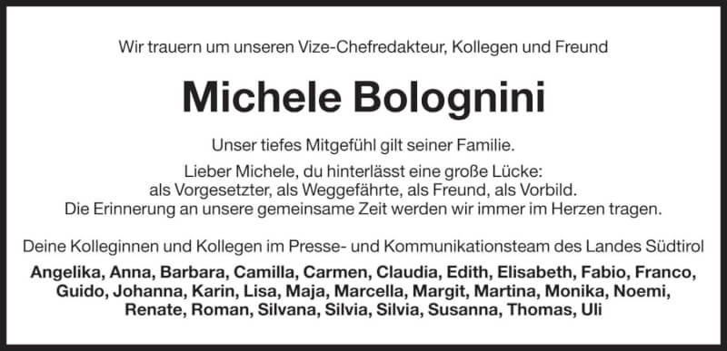  Traueranzeige für Michele Bolognini vom 26.02.2022 aus Dolomiten