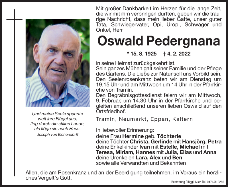  Traueranzeige für Oswald Pedergnana vom 07.02.2022 aus Dolomiten