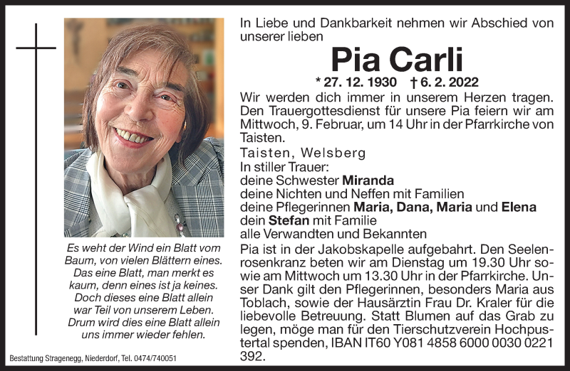  Traueranzeige für Pia Carli vom 08.02.2022 aus Dolomiten