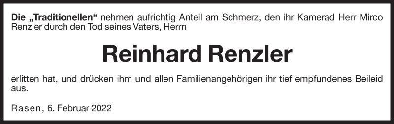  Traueranzeige für Reinhard Renzler vom 09.02.2022 aus Dolomiten