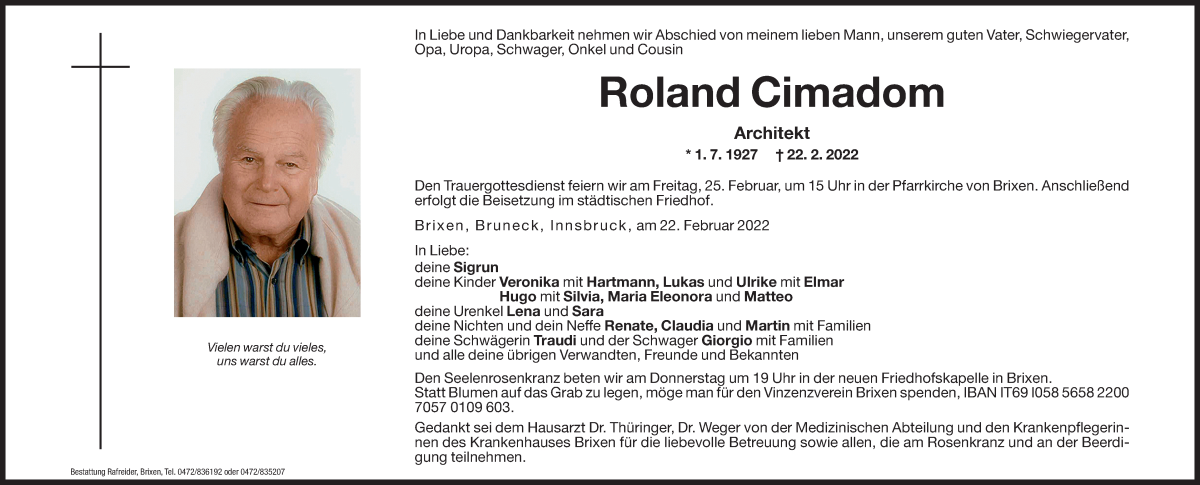  Traueranzeige für Roland Cimadom vom 23.02.2022 aus Dolomiten