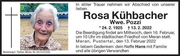 Traueranzeige von Rosa Kühbacher Pozzi von Dolomiten