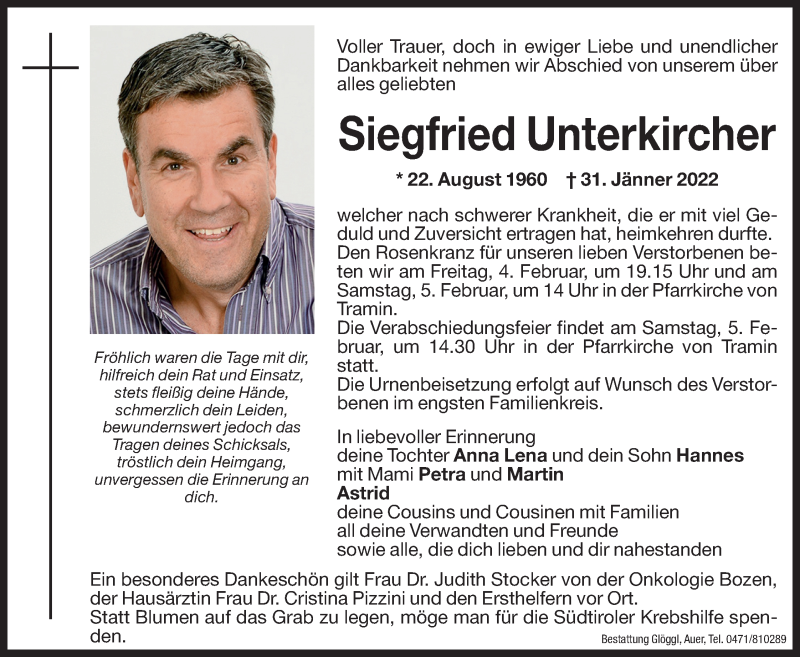  Traueranzeige für Siegfried Unterkircher vom 04.02.2022 aus Dolomiten