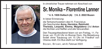 Traueranzeige von Sr. Monika – Florentine Lanner von Dolomiten