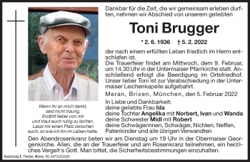Traueranzeige von Toni Brugger von Dolomiten