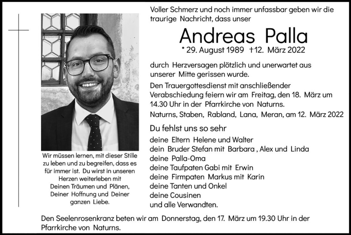  Traueranzeige für Andreas Palla vom 17.03.2022 aus Dolomiten