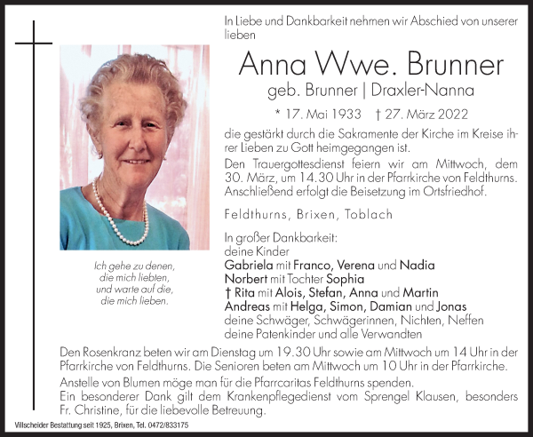 Traueranzeige von Anna Brunner von Dolomiten