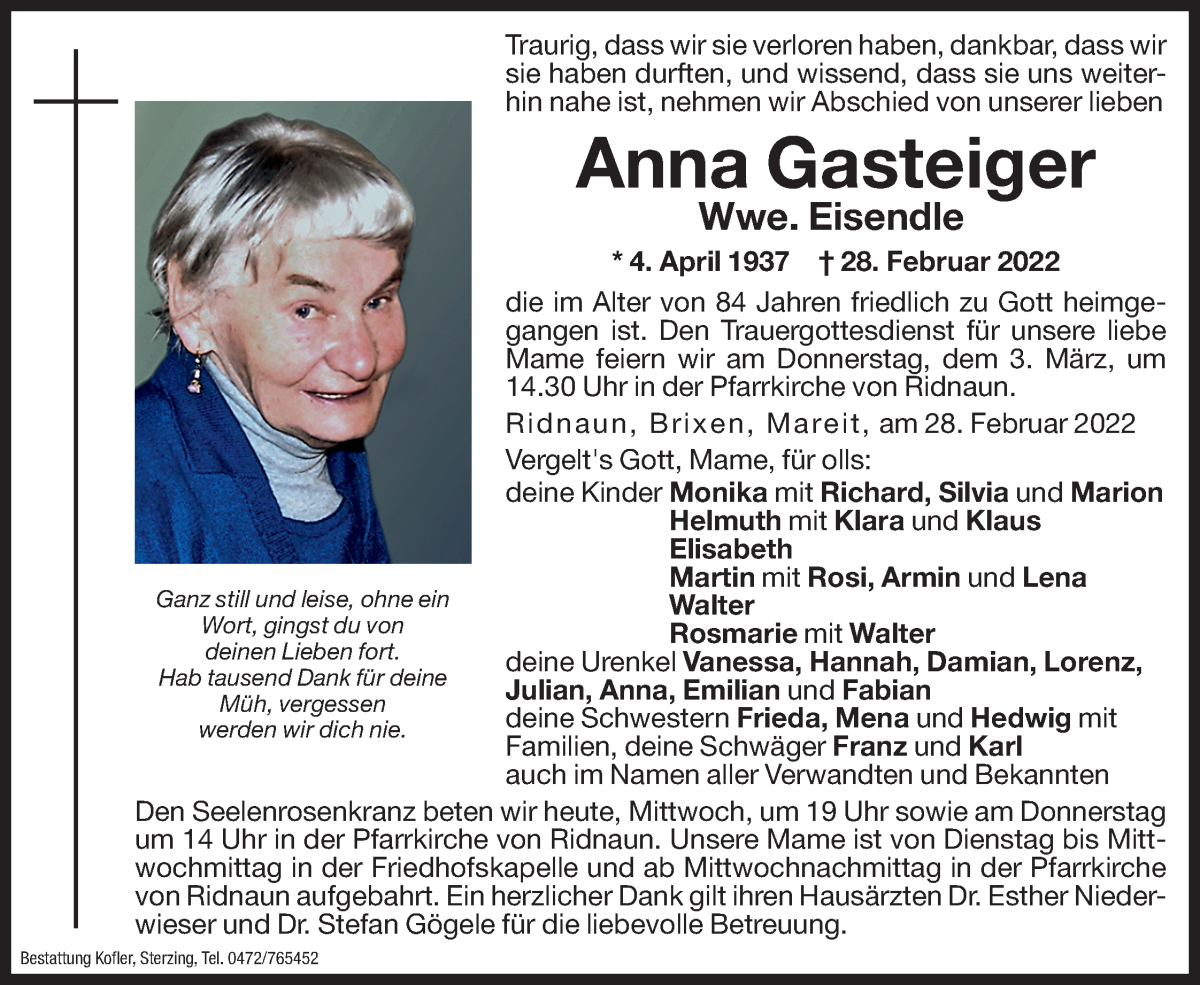  Traueranzeige für Anna Eisendle vom 02.03.2022 aus Dolomiten