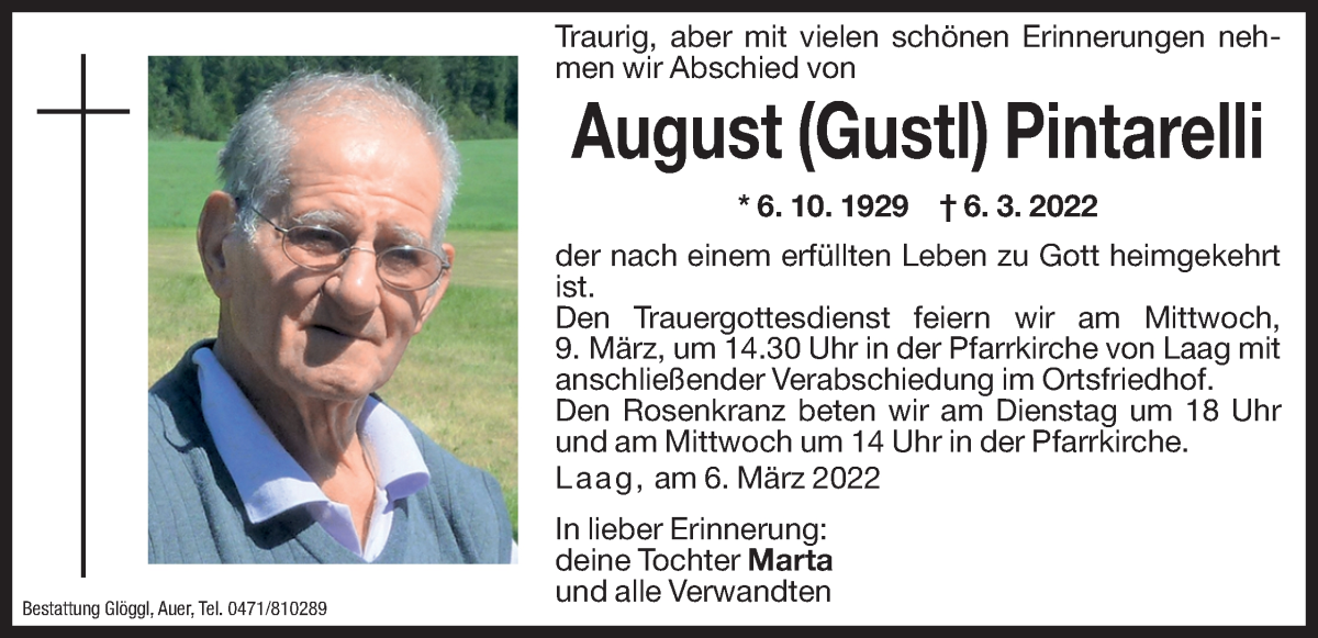  Traueranzeige für August (Gustl) Pintarelli vom 08.03.2022 aus Dolomiten