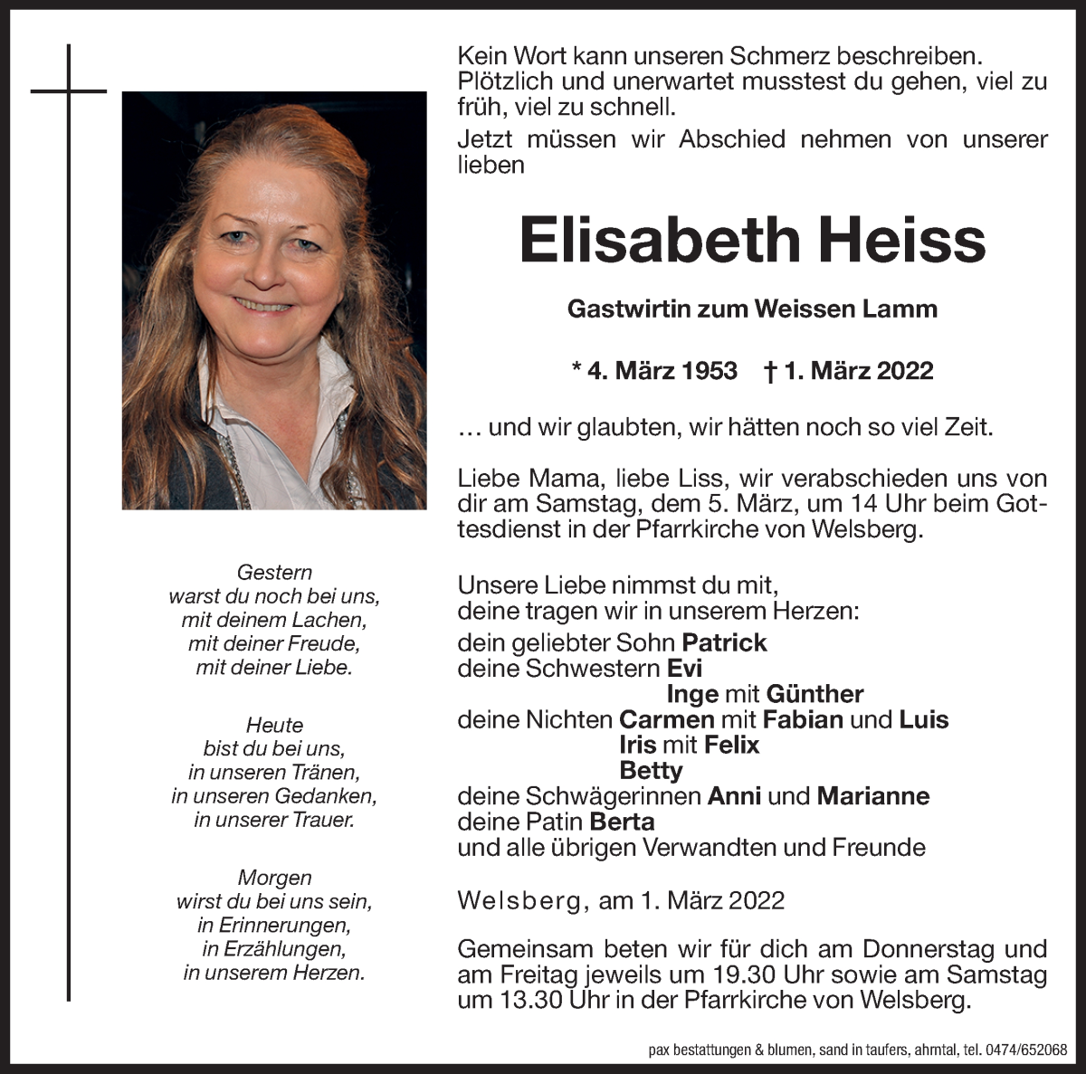  Traueranzeige für Elisabeth Heiss vom 03.03.2022 aus Dolomiten