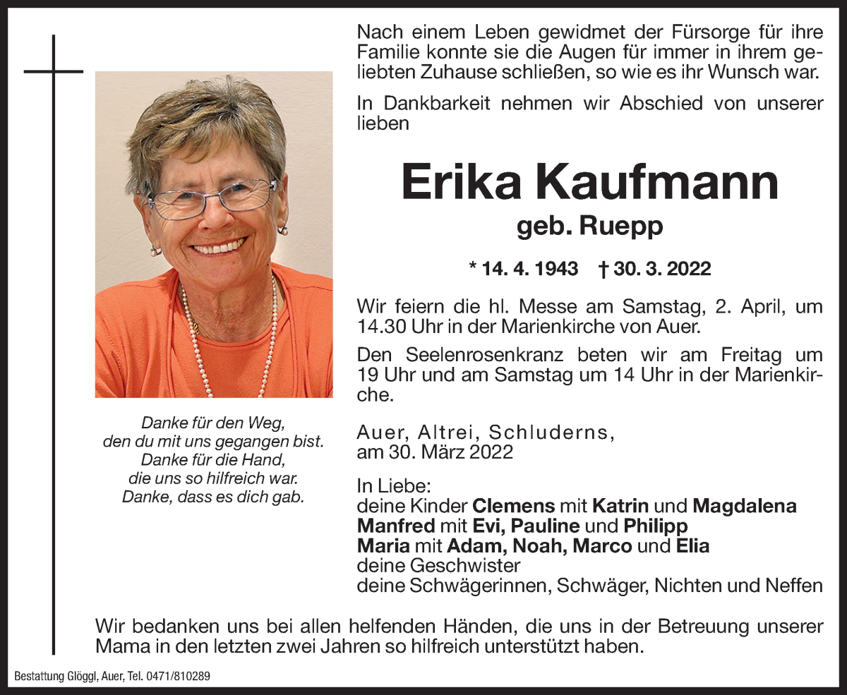  Traueranzeige für Erika Kaufmann  vom 31.03.2022 aus Dolomiten