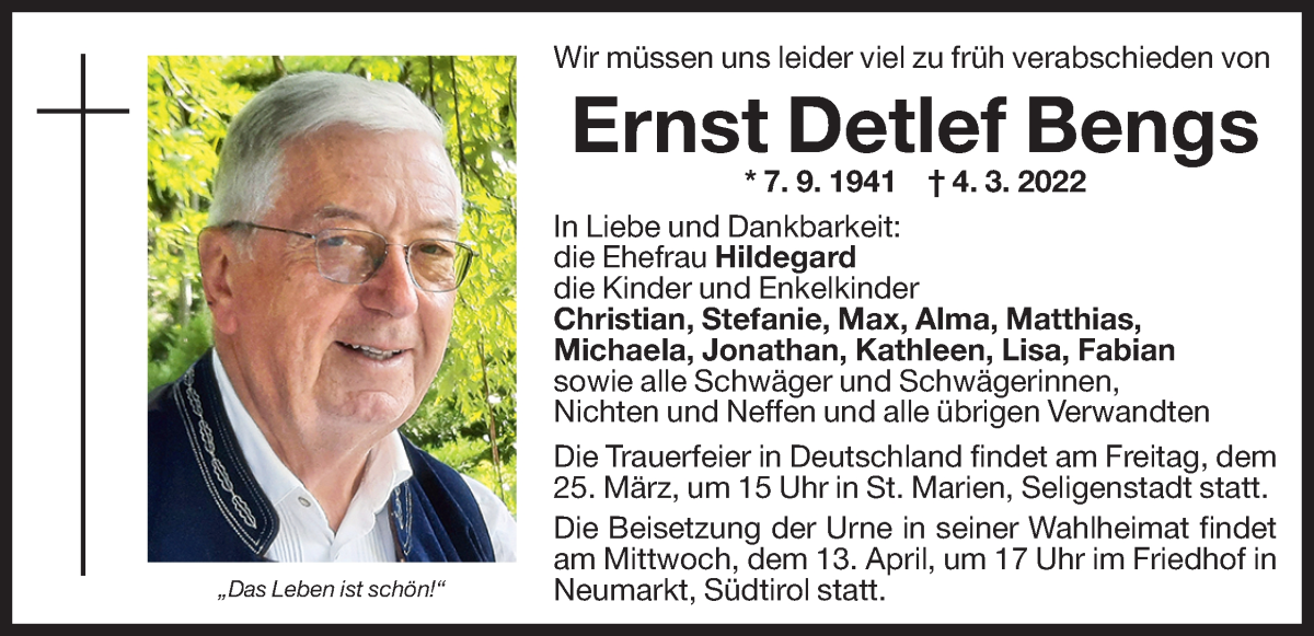  Traueranzeige für Ernst Detlef Bengs vom 12.03.2022 aus Dolomiten