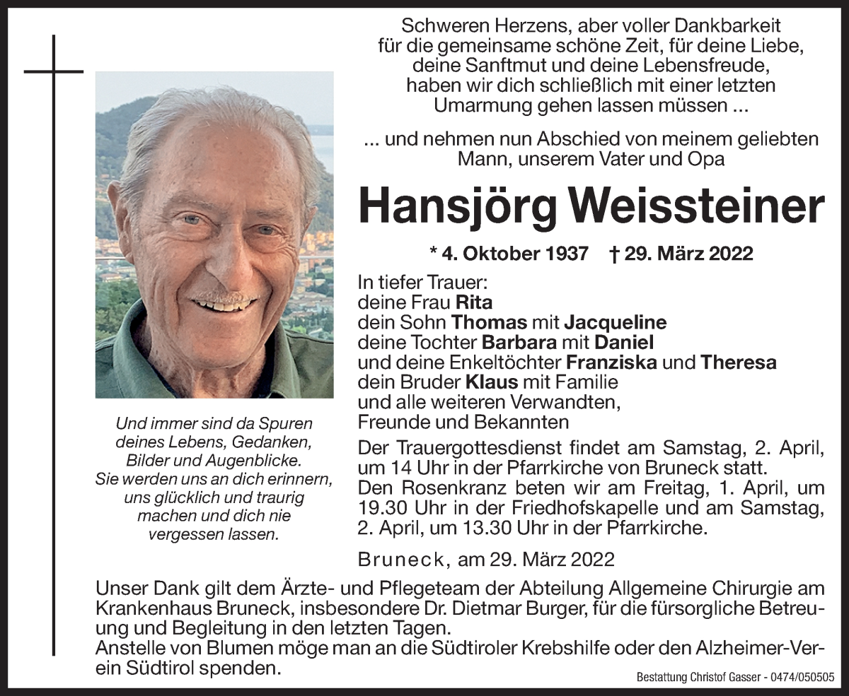  Traueranzeige für Hansjörg Weissteiner vom 31.03.2022 aus Dolomiten