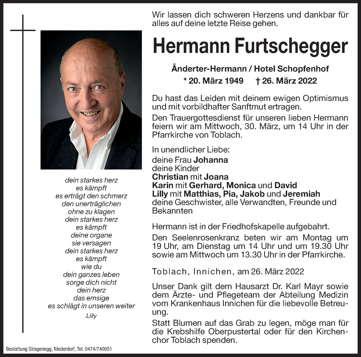  Traueranzeige für Hermann Furtschegger vom 28.03.2022 aus Dolomiten