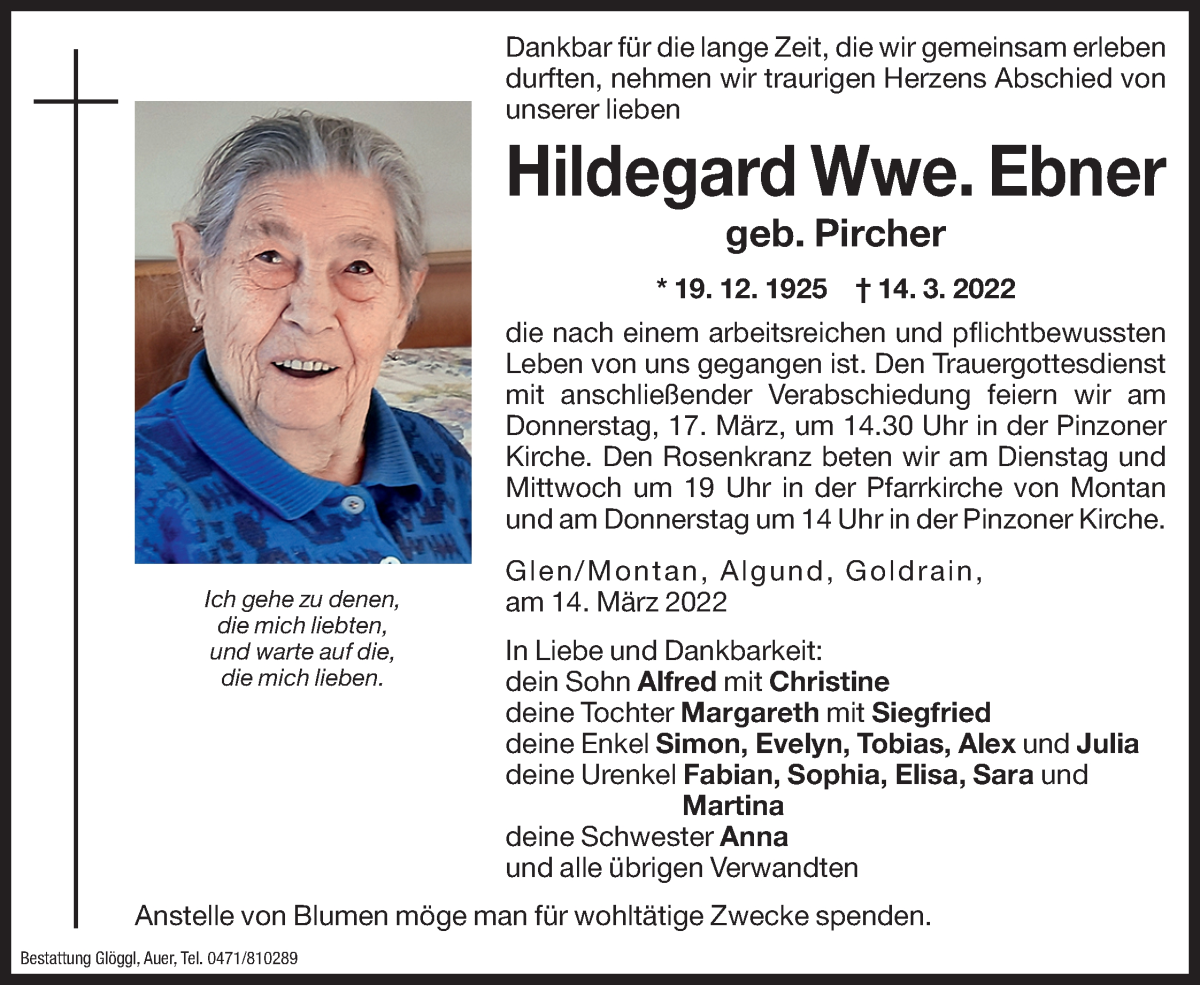  Traueranzeige für Hildegard Ebner vom 15.03.2022 aus Dolomiten