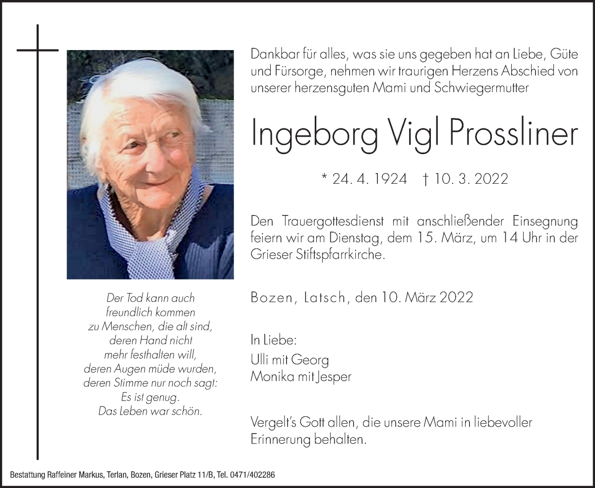  Traueranzeige für Ingeborg Prossliner vom 12.03.2022 aus Dolomiten