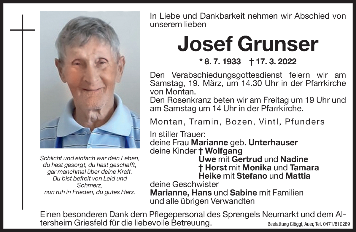  Traueranzeige für Josef Grunser vom 18.03.2022 aus Dolomiten