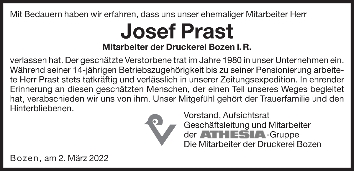  Traueranzeige für Josef Prast vom 03.03.2022 aus Dolomiten