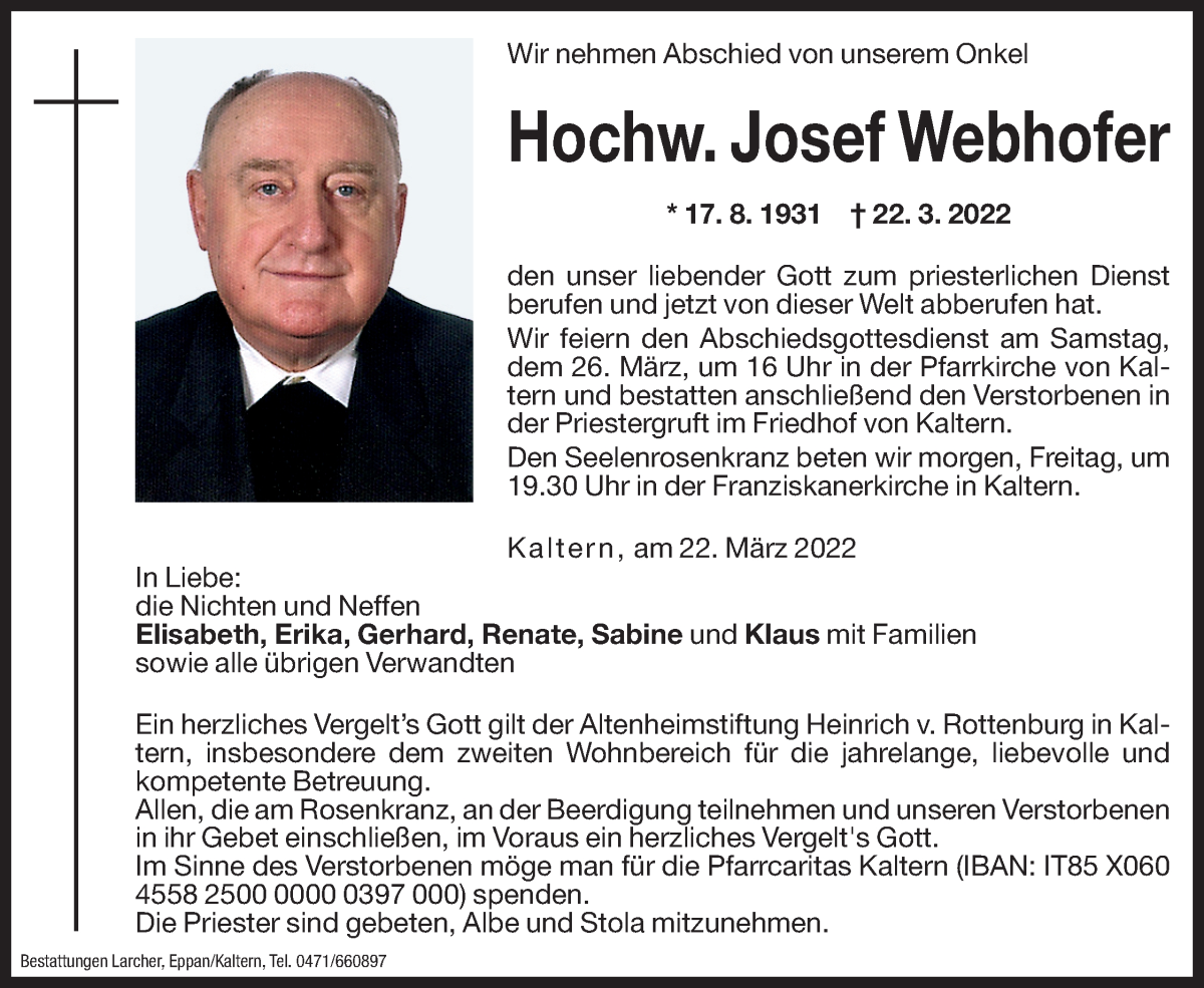  Traueranzeige für Josef Webhofer vom 24.03.2022 aus Dolomiten