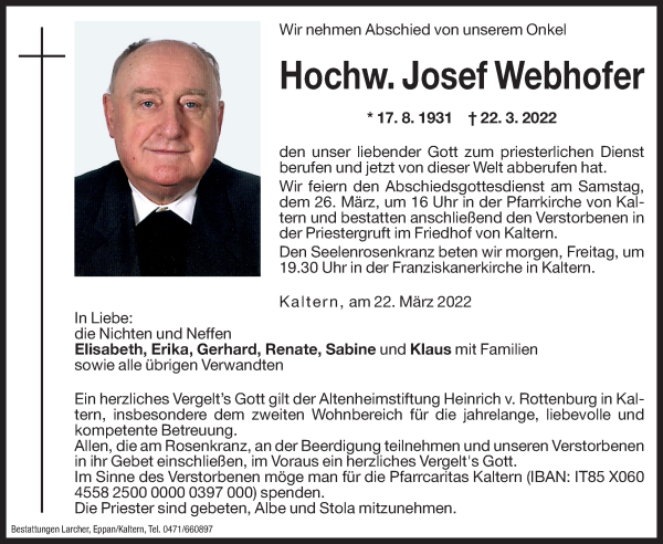 Traueranzeige von Josef Webhofer von Dolomiten