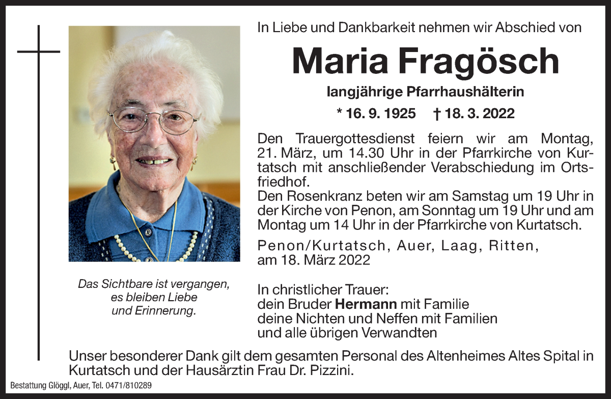  Traueranzeige für Maria Fragösch vom 19.03.2022 aus Dolomiten