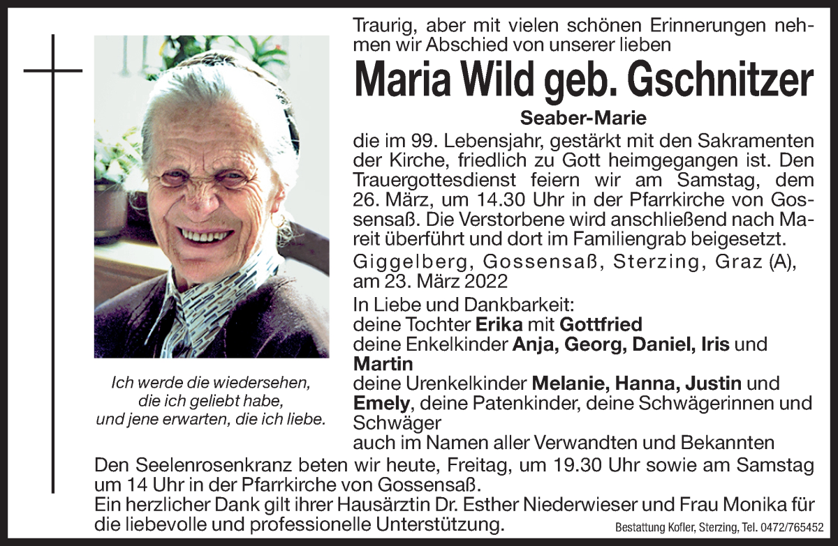  Traueranzeige für Maria Wild vom 25.03.2022 aus Dolomiten