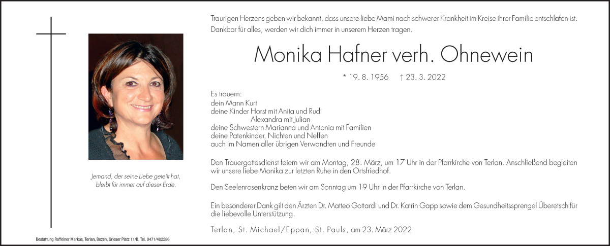  Traueranzeige für Monika Ohnewein vom 26.03.2022 aus Dolomiten