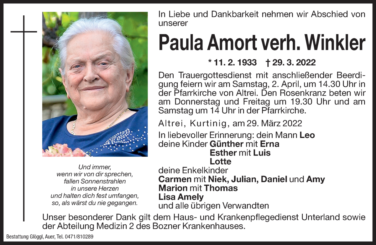  Traueranzeige für Paula Winkler vom 31.03.2022 aus Dolomiten