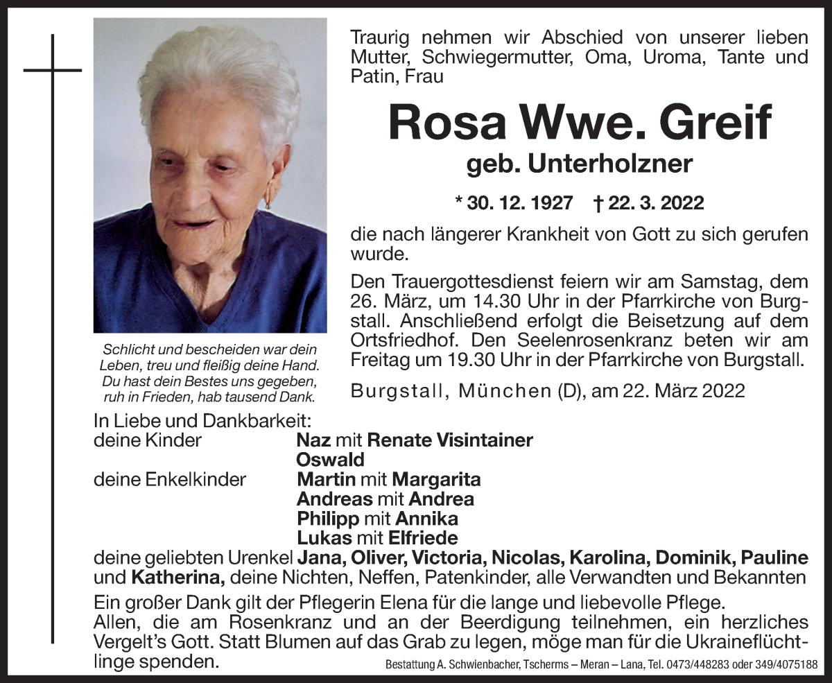  Traueranzeige für Rosa Greif vom 24.03.2022 aus Dolomiten