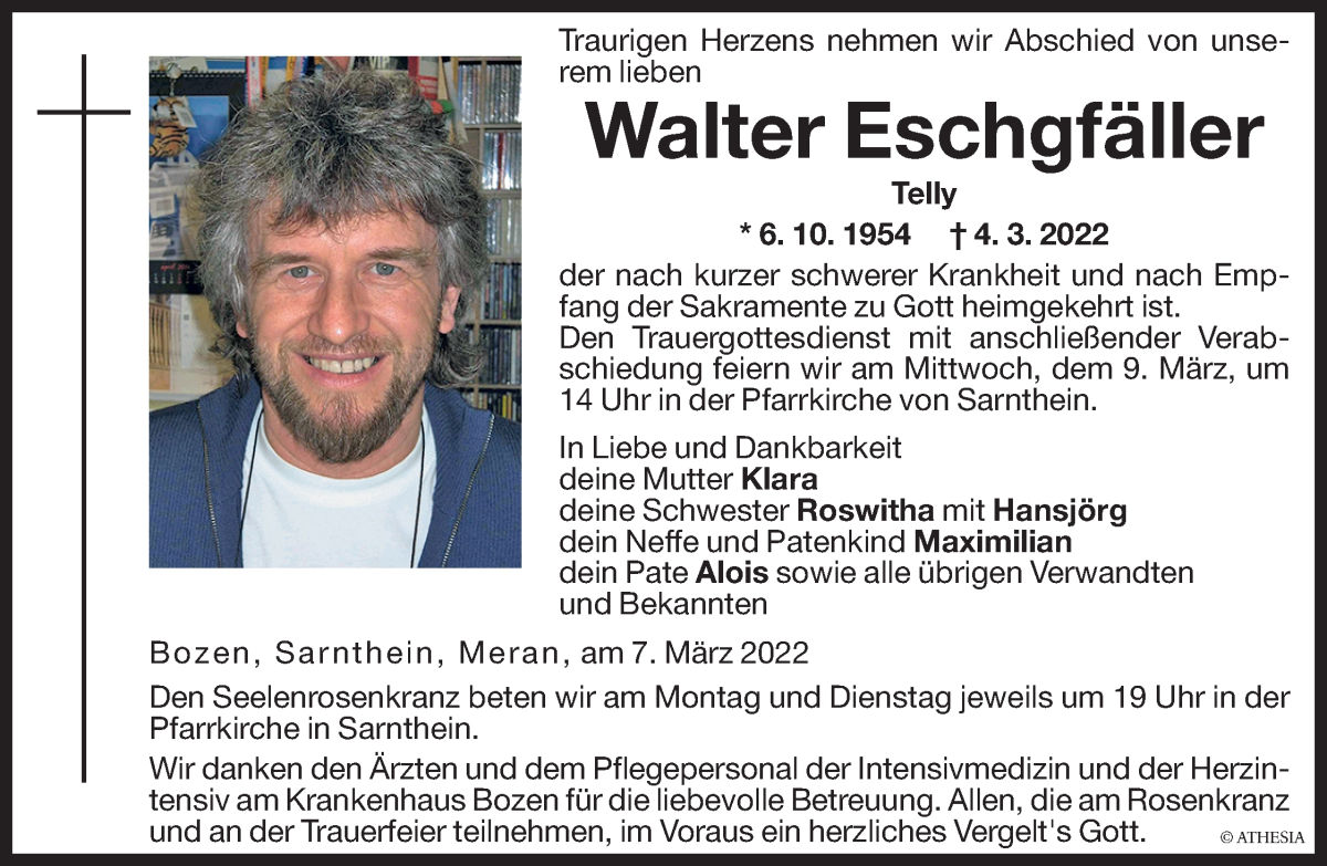  Traueranzeige für Walter Eschgfäller vom 07.03.2022 aus Dolomiten